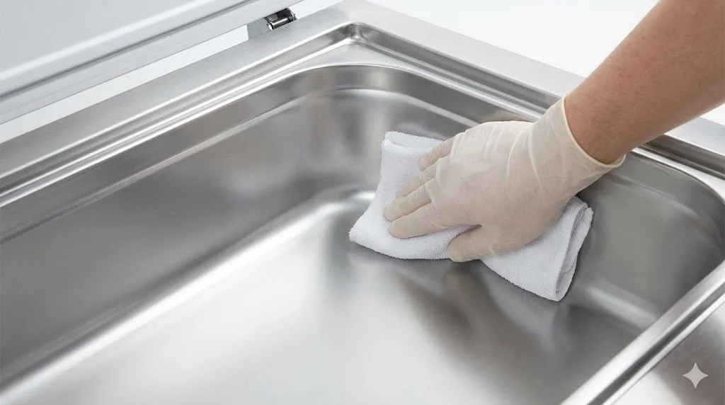 청소가 쉬운 라운드 코너 설계의 위생적인 토핑냉장고 내부 이미지