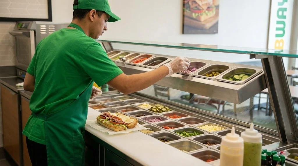 동선이 최적화된 맞춤형 토핑냉장고에서 작업하는 샌드위치 전문가의 모습