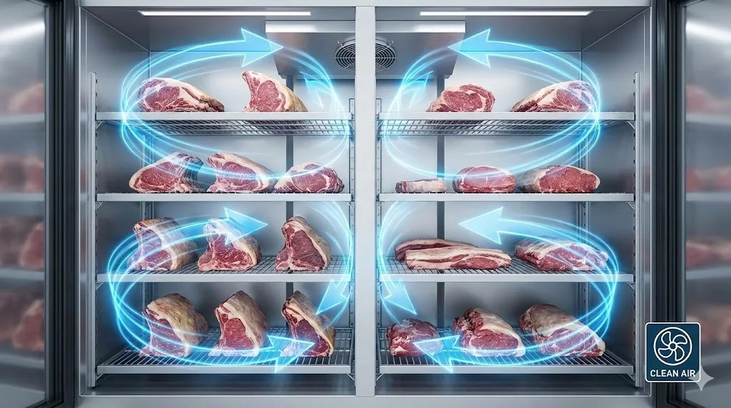 숙성고 내부의 원활한 공기 순환을 시각적으로 표현하여, 냄새 배임 없이 청결하게 고기가 숙성되는 환경을 보여줍니다.