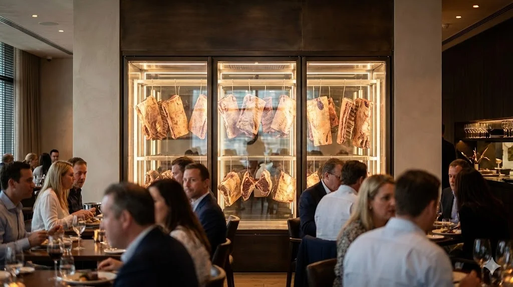 매장 내에 설치된 대형 숙성고가 고객에게 신뢰를 주고, 그 자체로 훌륭한 마케팅 요소가 되는 모습을 레스토랑 전경으로 담았습니다.