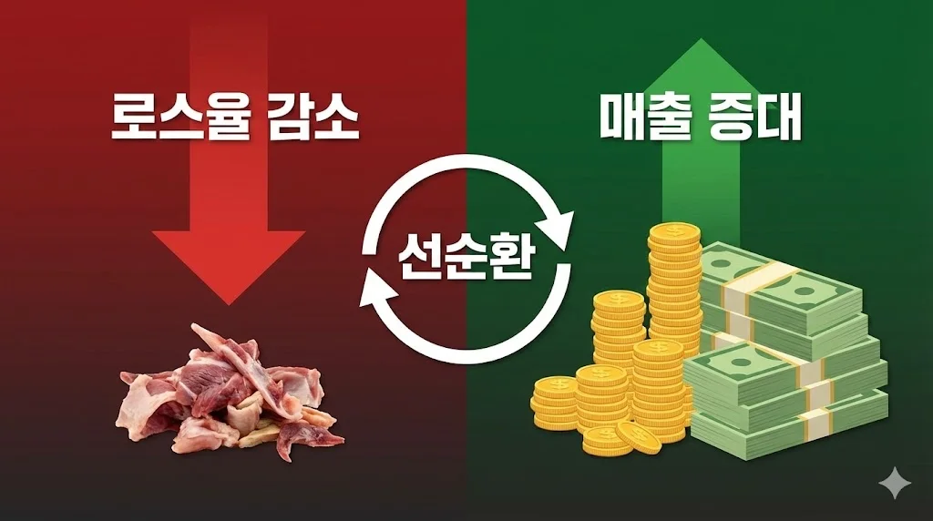 고기 숙성고 도입이 가져오는 경제적 이점을 '로스율 감소'와 '매출 증대'의 선순환 구조로 알기 쉽게 인포그래픽으로 표현했습니다.