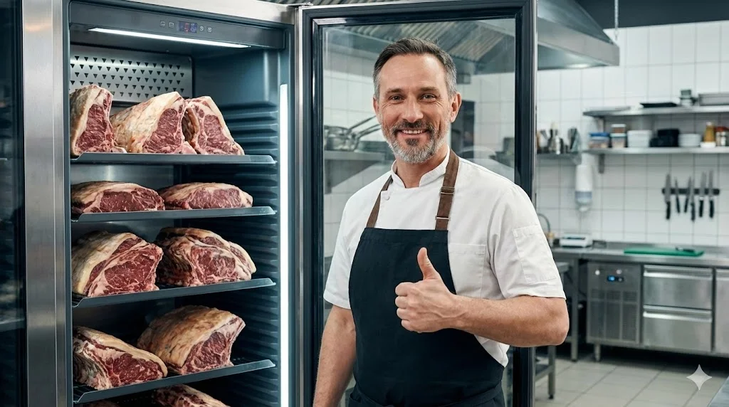 전문 숙성고 도입으로 최고의 고기 맛을 완성한 사장님의 만족스러운 모습을 통해, 현명한 투자가 가져오는 성공적인 결과를 상징적으로 보여줍니다.
