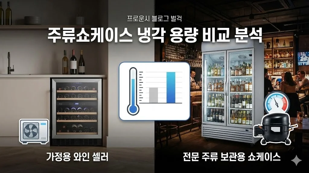 가정용 와인 셀러와 전문 주류 쇼케이스의 냉각 용량을 비교하는 인포그래픽 대표 이미지