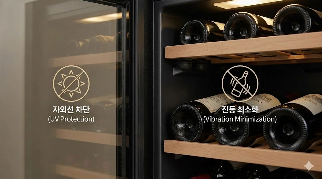 자외선 차단 및 진동 최소화 기능으로 와인을 완벽하게 보호하는 주류 쇼케이스 이미지