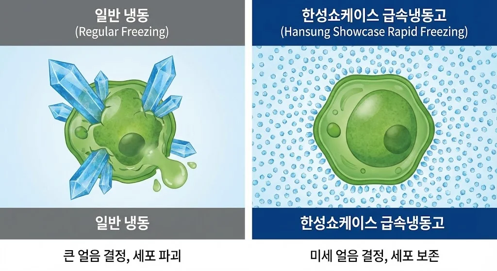 일반 냉동의 큰 얼음 결정에 의한 세포 파괴와 한성쇼케이스 급속냉동의 미세 결정에 의한 세포 보존 비교 인포그래픽.