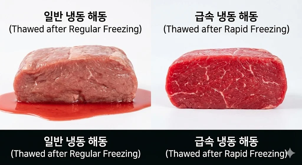 해동 후 드립이 많은 일반 냉동 소고기와 드립 없이 신선한 급속 냉동 소고기의 단면 비교.