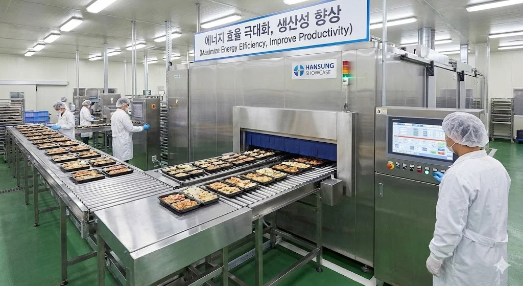 식품 가공 공장에 설치되어 생산성과 에너지 효율을 높여주는 대형 맞춤형 급속냉동고 설치 현장 이미지