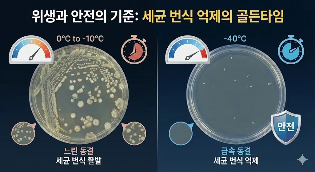 일반 냉동과 급속 냉동의 세균 번식 억제 효과 비교 및 골든타임 시각 자료