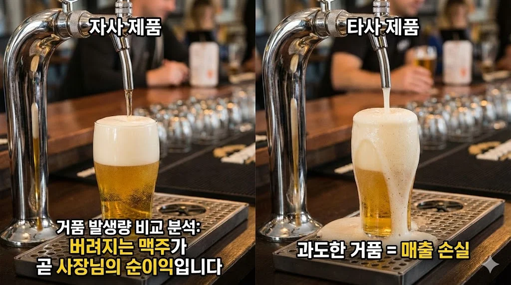 자사 제품의 완벽한 거품과 타사 제품의 과도한 거품 발생량을 비교하여 맥주 손실을 보여주는 이미지.