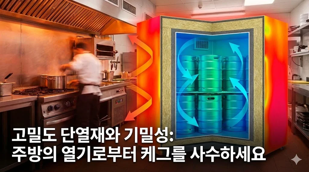 열화상 카메라 효과로 고밀도 단열재가 외부의 뜨거운 열기를 차단하고 내부의 냉기를 유지하는 모습을 보여주는 이미지.