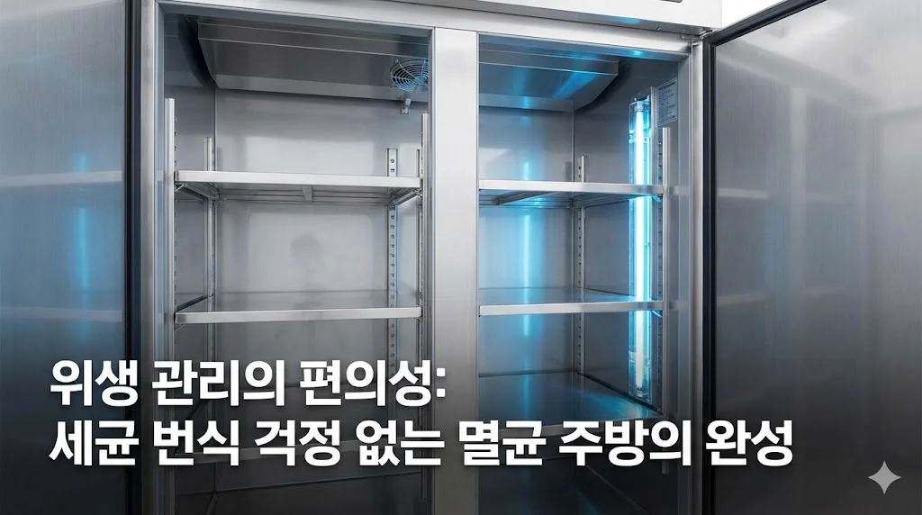 스테인리스 스틸 내부와 살균 기능을 보여주어 깨끗하고 위생적인 냉장고 환경을 강조하는 이미지.