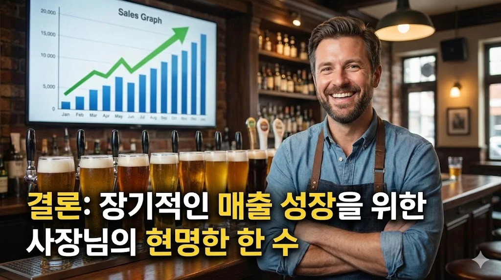 매출 상승 그래프 앞에서 활짝 웃는 성공한 펍 사장님의 모습을 통해 긍정적인 미래를 보여주는 이미지.