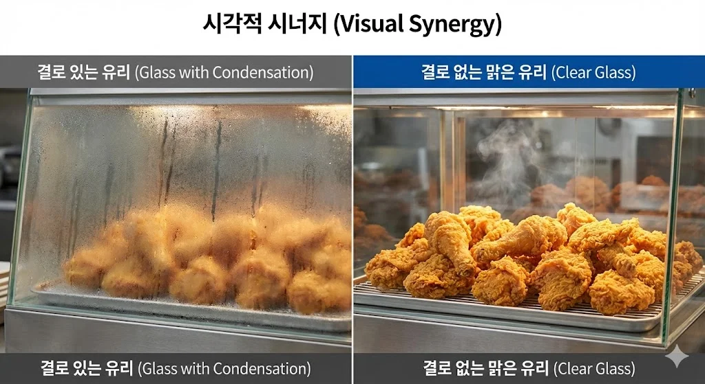 결로가 생겨 음식이 뿌옇게 보이는 유리와 수분 유지 기술로 결로 없이 맑고 투명하여 음식이 선명하게 보이는 유리를 비교한 이미지.