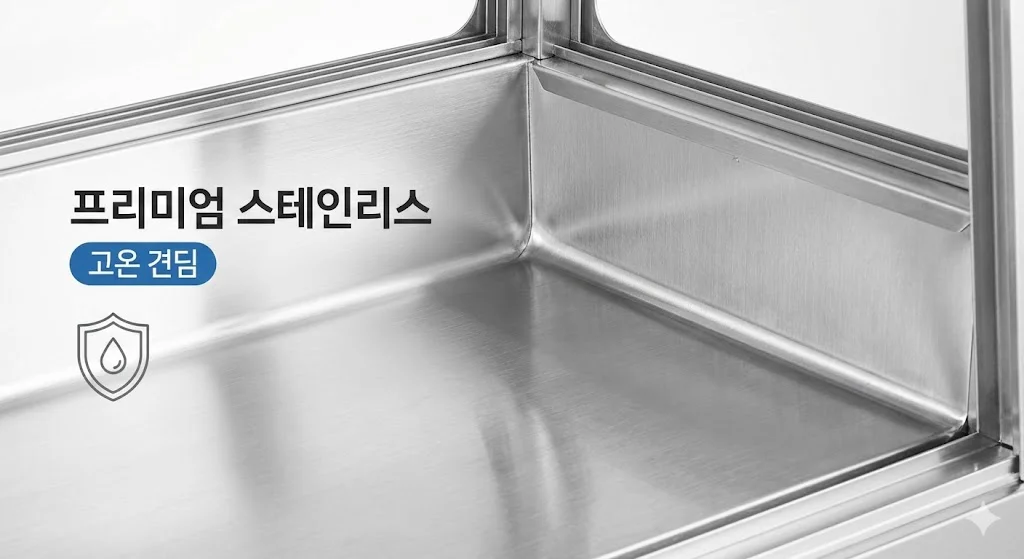 고온에서도 안전하고 위생적인 프리미엄 스테인리스 소재를 사용한 쇼케이스 내부를 확대한 이미지.