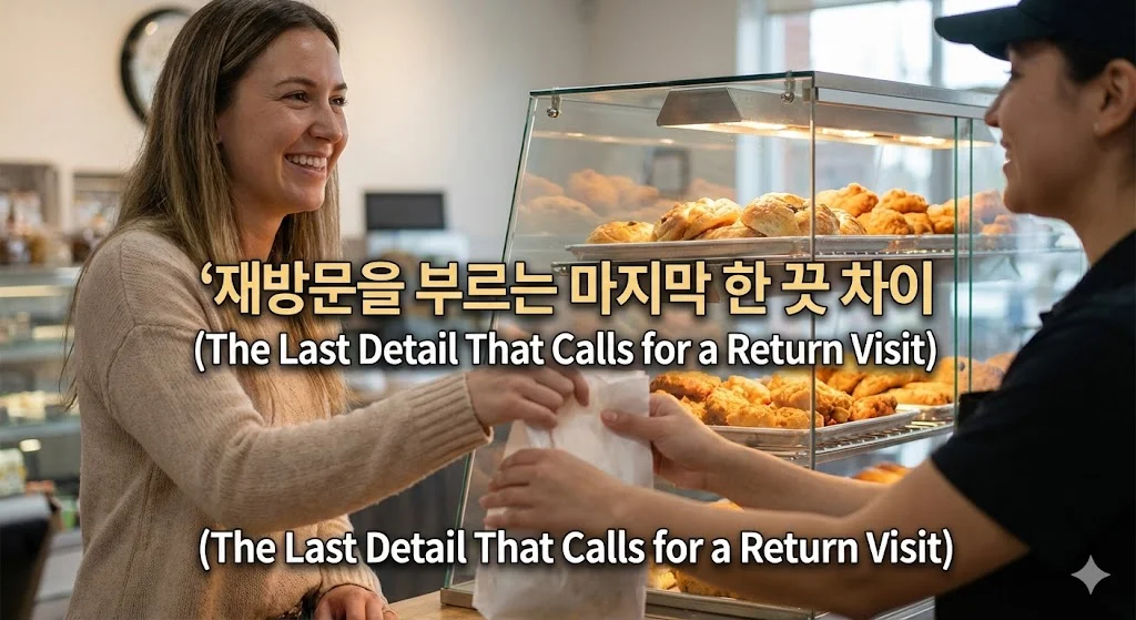 신선하고 먹음직스러운 음식이 진열된 쇼케이스 앞에서 만족스러운 표정으로 음식을 포장해가는 손님의 모습을 보여주며 재방문을 유도하는 이미지.