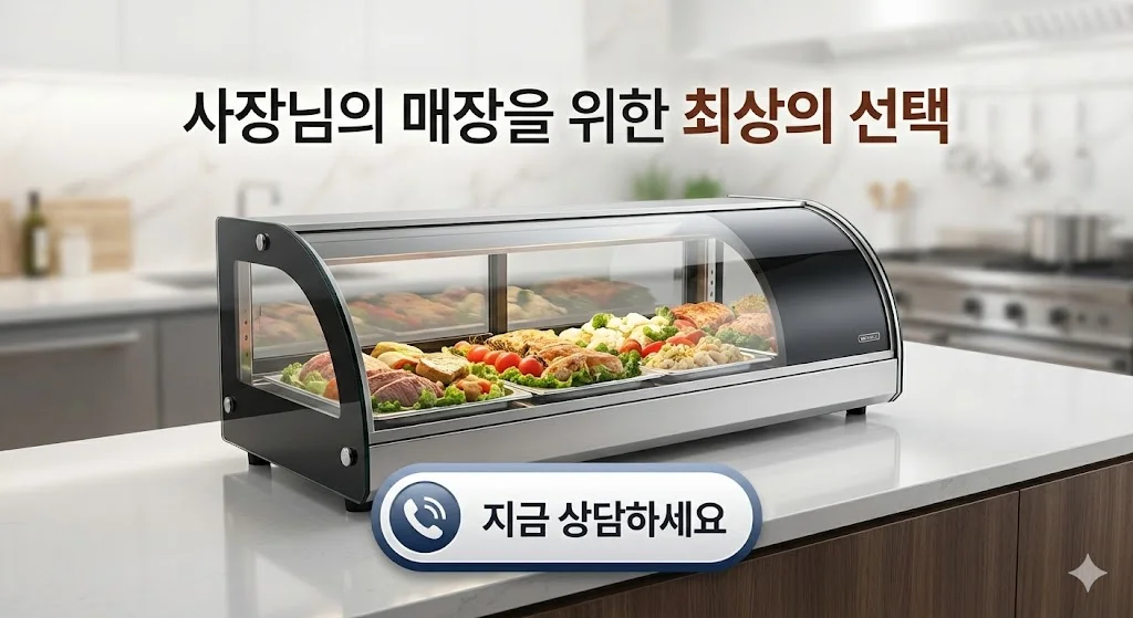 매장에 꼭 필요한 최상의 선택임을 강조하며, '지금 상담하세요' 버튼과 함께 보온쇼케이스를 보여주는 제품 홍보 및 상담 유도 이미지.