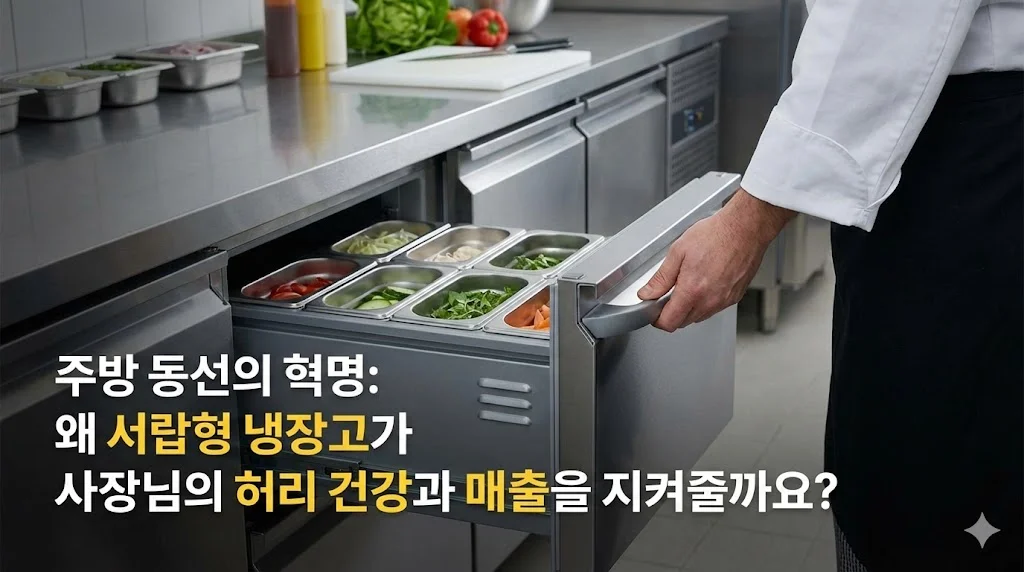 셰프가 허리를 굽히지 않고 서랍형 냉장고를 편안하게 사용하는 모습을 클로즈업하여, 주방 동선 개선과 허리 건강 보호 효과를 강조한 이미지.