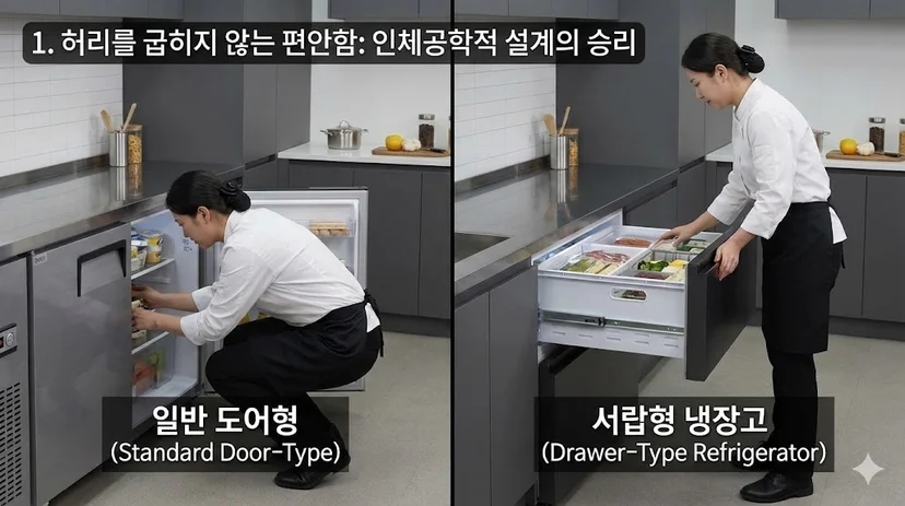 일반 도어형 냉장고에서 허리를 굽혀 힘들게 재료를 찾는 모습과 서랍형 냉장고에서 편안하게 서서 재료를 찾는 모습을 비교한 인포그래픽 이미지.