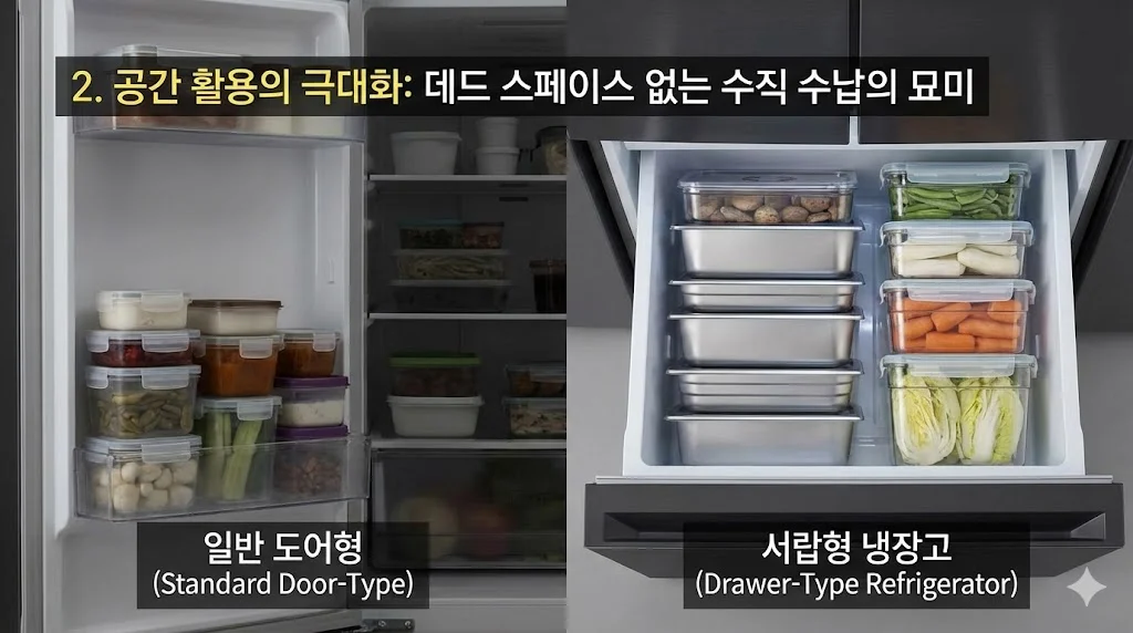 일반 도어형 냉장고의 비효율적인 수납과 데드 스페이스, 서랍형 냉장고의 효율적인 수직 수납과 공간 활용을 비교한 이미지.