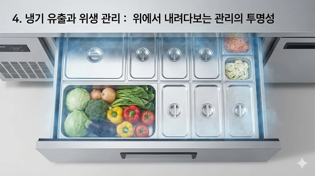 서랍형 냉장고를 위에서 내려다보는 시점으로, 냉기 유출이 적고 재료를 한눈에 파악하여 위생 관리가 쉽다는 점을 강조한 이미지.