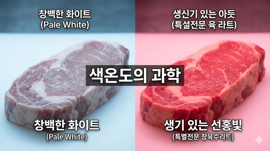 높은 색온도의 창백한 조명과 낮은 색온도의 붉은 조명이 고기 색감에 미치는 영향을 비교한 이미지.