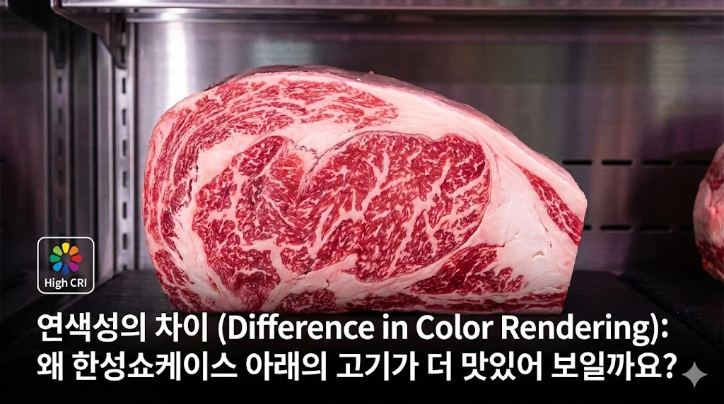 높은 연색성(CRI) 조명을 사용하여 고기의 본연의 색을 선명하고 자연스럽게 표현하는 한성쇼케이스 내부 이미지.