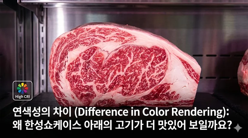 높은 연색성(CRI) 조명을 사용하여 고기의 본연의 색을 선명하고 자연스럽게 표현하는 한성쇼케이스 내부 이미지.