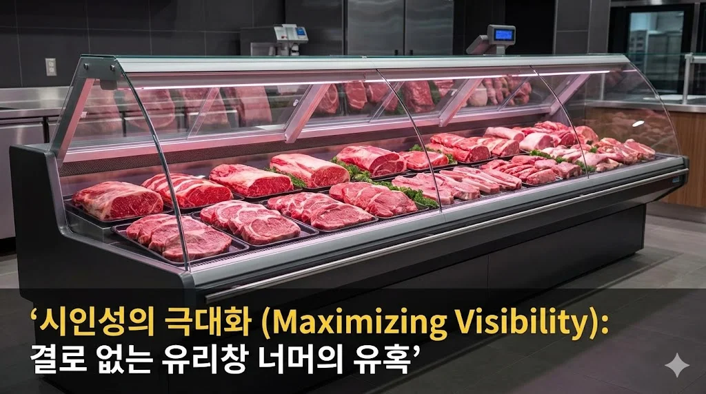결로 없이 투명한 유리창을 통해 쇼케이스 내부의 고기가 선명하게 보이는 모습을 담은 이미지.