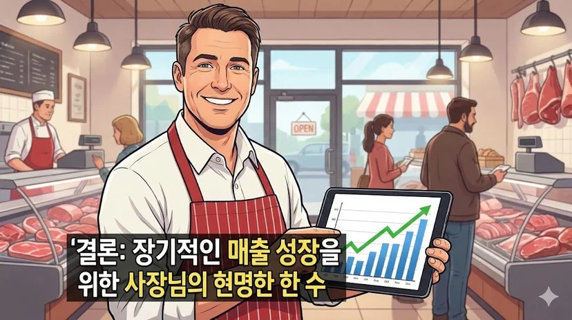 매출 상승 그래프가 그려진 태블릿을 들고 환하게 웃는 정육점 사장님의 모습을 통해 긍정적인 미래를 보여주는 이미지.