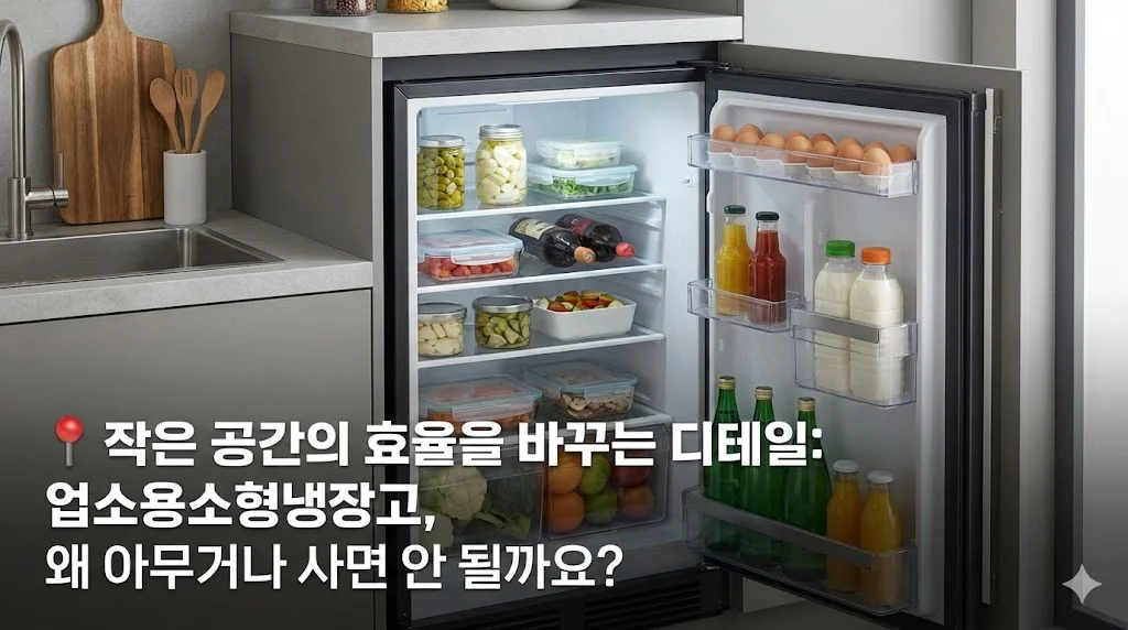 좁은 주방 공간에 효율적으로 수납된 소형 업소용 냉장고의 내부 모습.