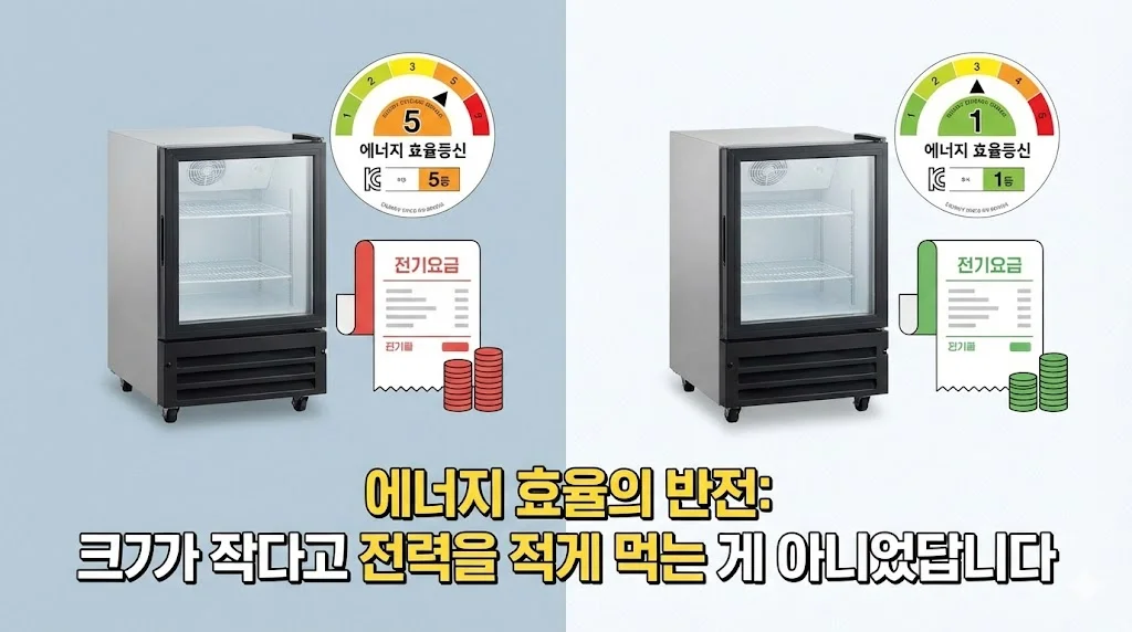 크기가 같아도 에너지 효율 등급에 따라 전기 요금이 달라질 수 있음을 보여주는 인포그래픽 이미지.