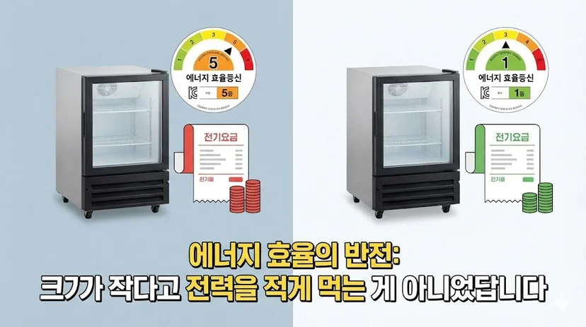 크기가 같아도 에너지 효율 등급에 따라 전기 요금이 달라질 수 있음을 보여주는 인포그래픽 이미지.