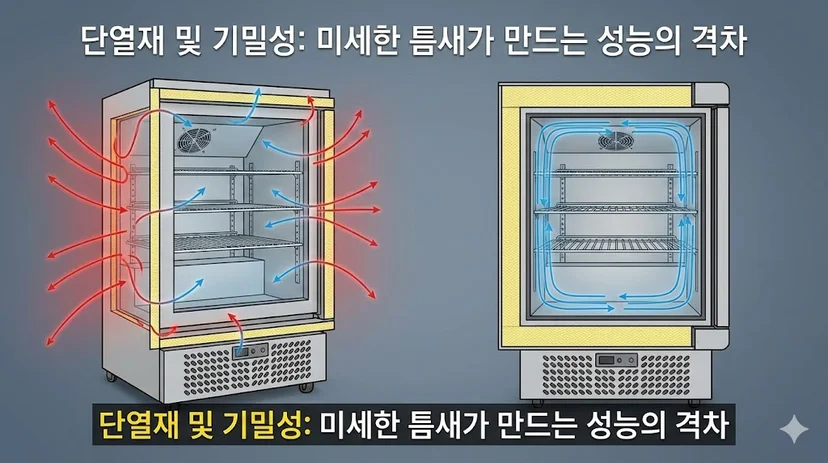 얇은 단열재와 틈새로 냉기가 새어나가는 냉장고와 두꺼운 단열재와 기밀성으로 냉기가 유지되는 냉장고의 단면 비교 이미지.