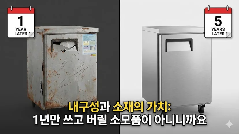 1년 후 녹슬고 고장 난 저가형 냉장고와 5년 후에도 새것처럼 튼튼한 고품질 냉장고를 비교한 이미지.