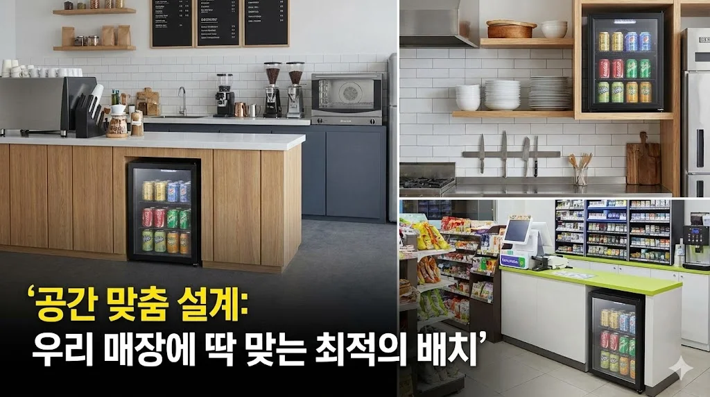 카페, 식당 주방, 편의점 등 다양한 매장 환경에 맞춤형으로 설치된 소형 업소용 냉장고의 활용 예시 이미지.