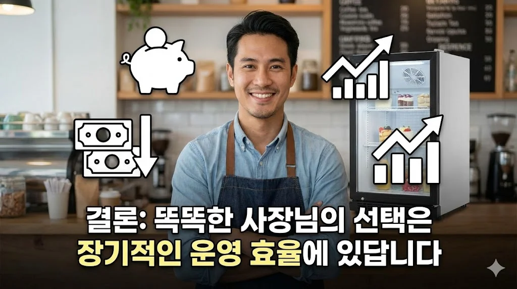 고품질 소형 냉장고를 사용하여 운영 효율을 높이고 비용을 절감하여 만족해하는 사장님의 모습을 담은 이미지.