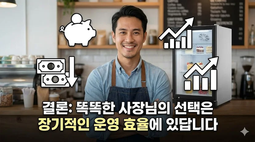 고품질 소형 냉장고를 사용하여 운영 효율을 높이고 비용을 절감하여 만족해하는 사장님의 모습을 담은 이미지.