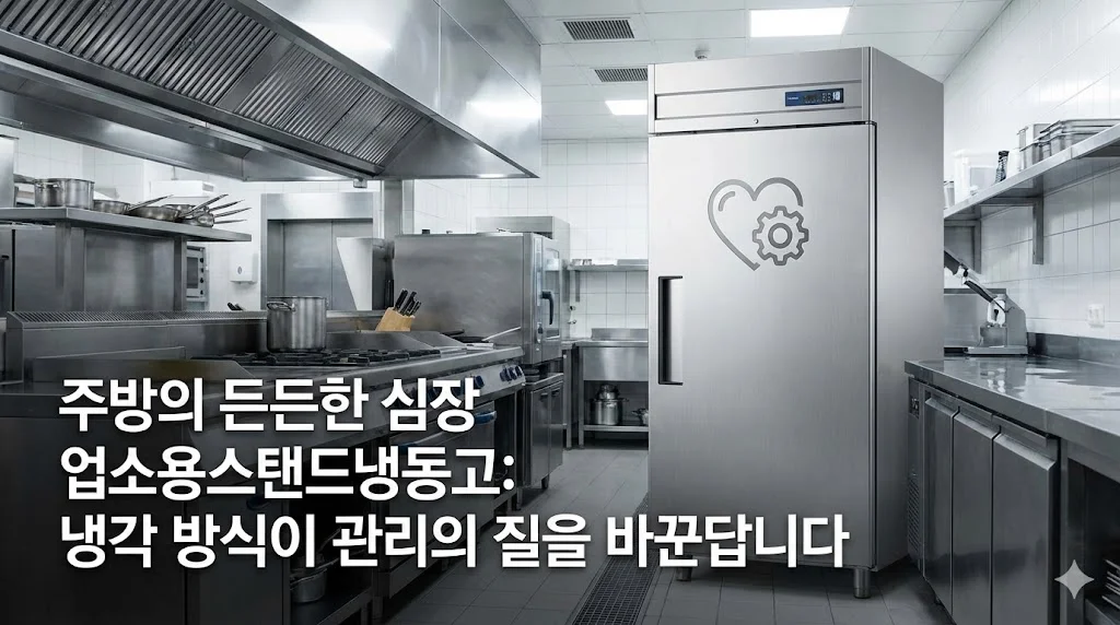 깨끗한 상업용 주방에 설치된 업소용 스탠드 냉동고와 '주방의 심장'을 상징하는 아이콘이 있는 이미지.