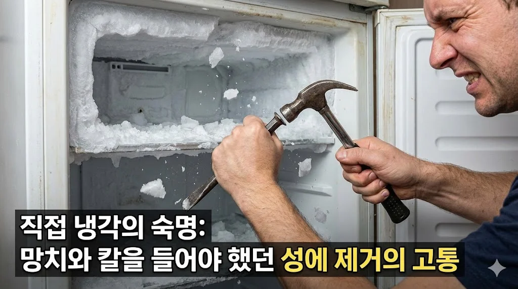 직접 냉각 방식 냉동고의 두꺼운 성에를 망치와 칼로 힘들게 제거하는 모습을 담은 이미지.