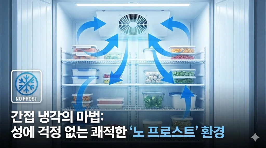 냉기 순환으로 성에 없이 깨끗하게 유지되는 간접 냉각 방식 냉동고의 내부를 보여주는 이미지.