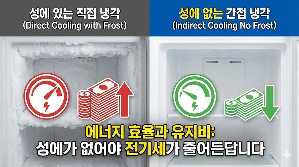 성에가 있는 직접 냉각 방식의 높은 에너지 소비와 성에 없는 간접 냉각 방식의 낮은 에너지 소비를 비교한 인포그래픽 이미지.