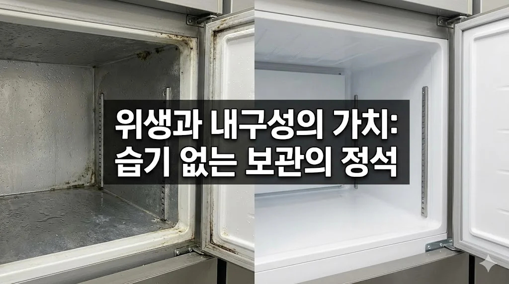 습기와 곰팡이가 있는 직접 냉각 방식 냉동고와 깨끗하고 건조한 간접 냉각 방식 냉동고의 내부 위생 상태를 비교한 이미지.