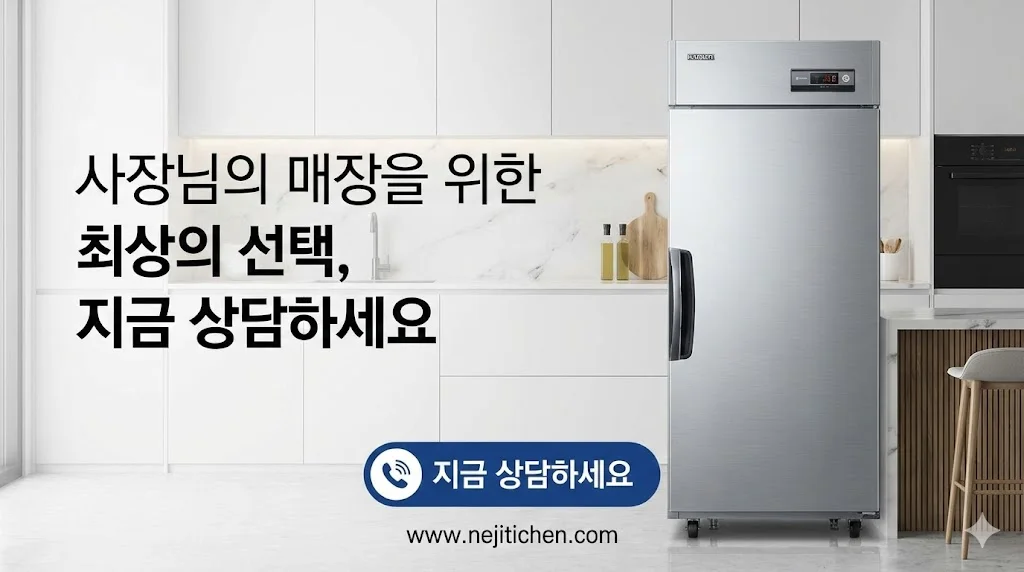 간접 냉각 방식 업소용 스탠드 냉동고 제품 사진과 함께 상담 문의 정보를 제공하여 구매를 유도하는 이미지.