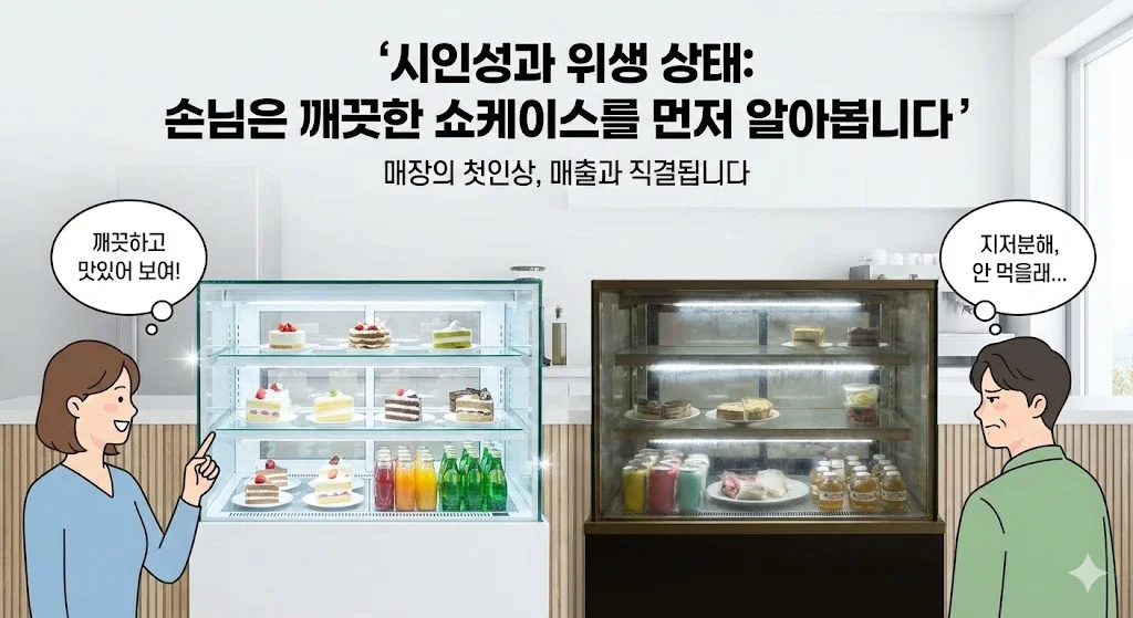 깨끗한 신품 쇼케이스와 노후된 중고 모델 위생 비교