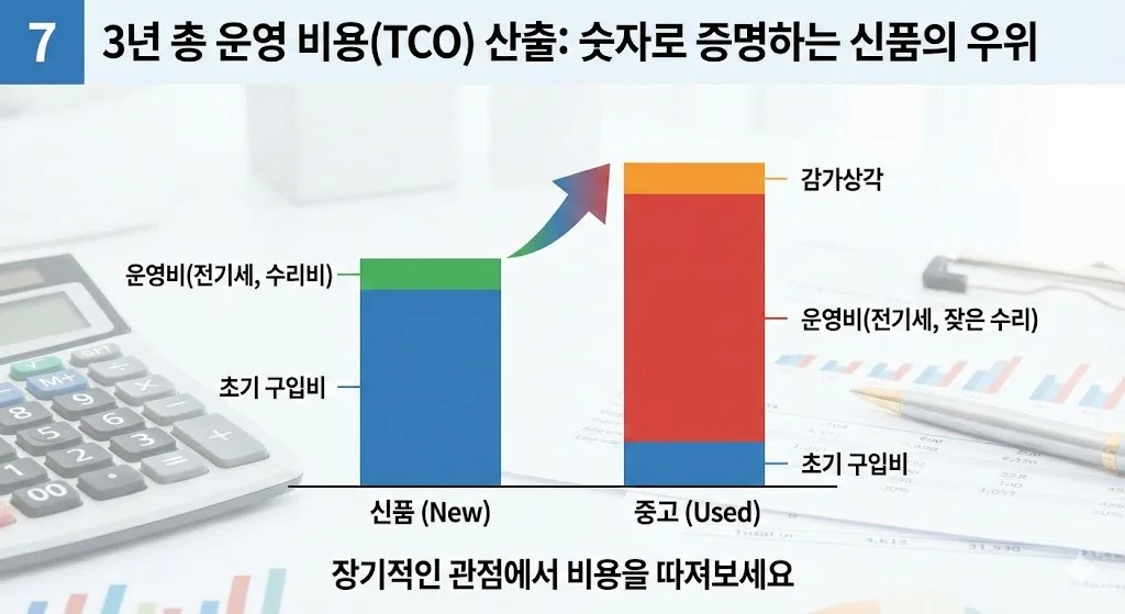 3년 운영 비용(TCO) 신품 vs 중고 비교 데이터 차트