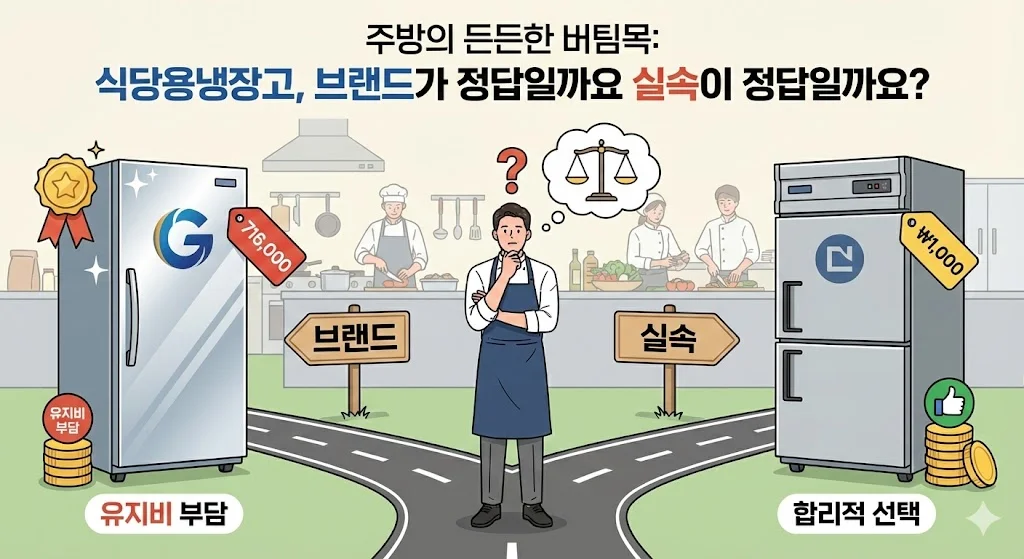 주방 환경에 최적화된 브랜드 냉장고와 실속형 모델 사이에서 고민하는 식당 사장님의 모습