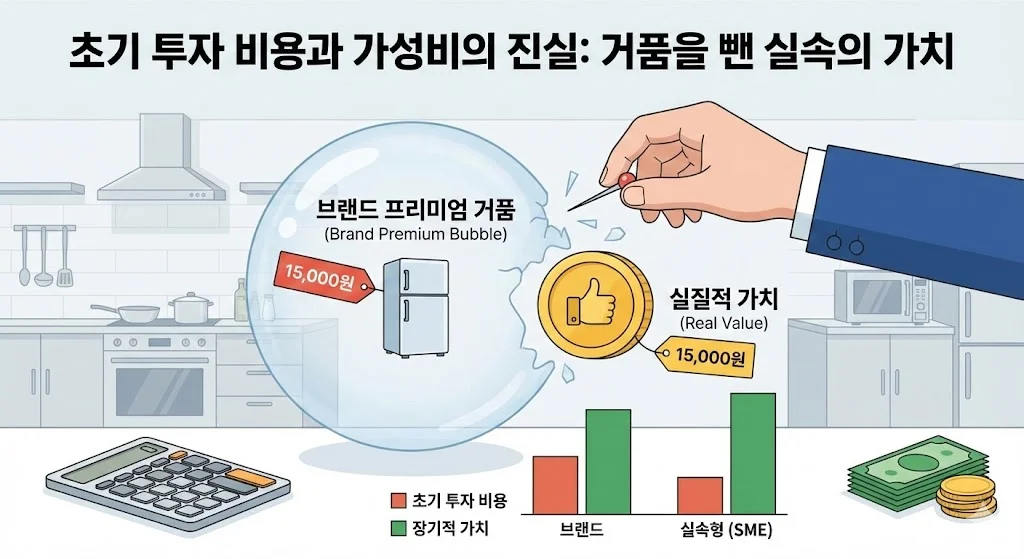 브랜드 거품을 뺀 합리적인 가격의 실속형 식당용 냉장고와 초기 투자 비용 절감 효과 강조 이미지