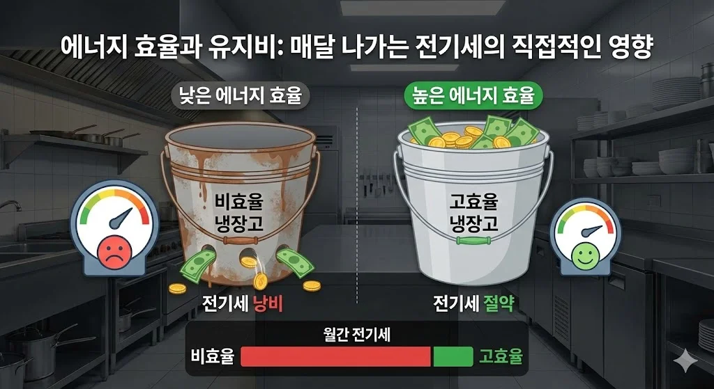 에너지 효율 등급 차이에 따른 매달 식당 전기세 절감 효과 비교 분석표 및 전기세 고지서 이미지