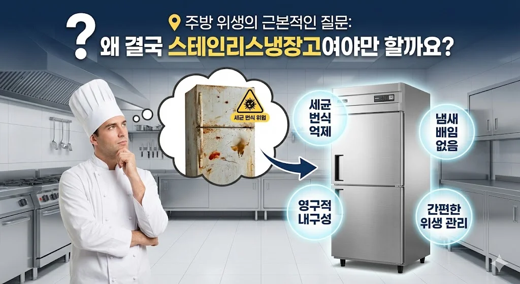 주방 위생을 위해 결국 업소용 스테인리스 냉장고를 선택해야 하는 이유를 설명하는 대표 이미지