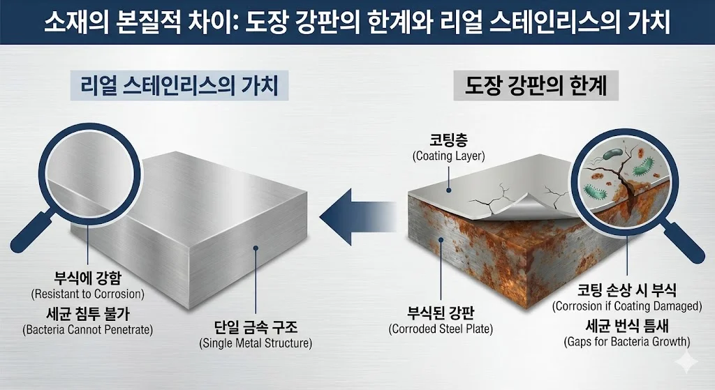 일반 도장 강판의 부식 한계와 리얼 스테인리스 소재의 반영구적인 내구성을 시각적으로 비교한 자료